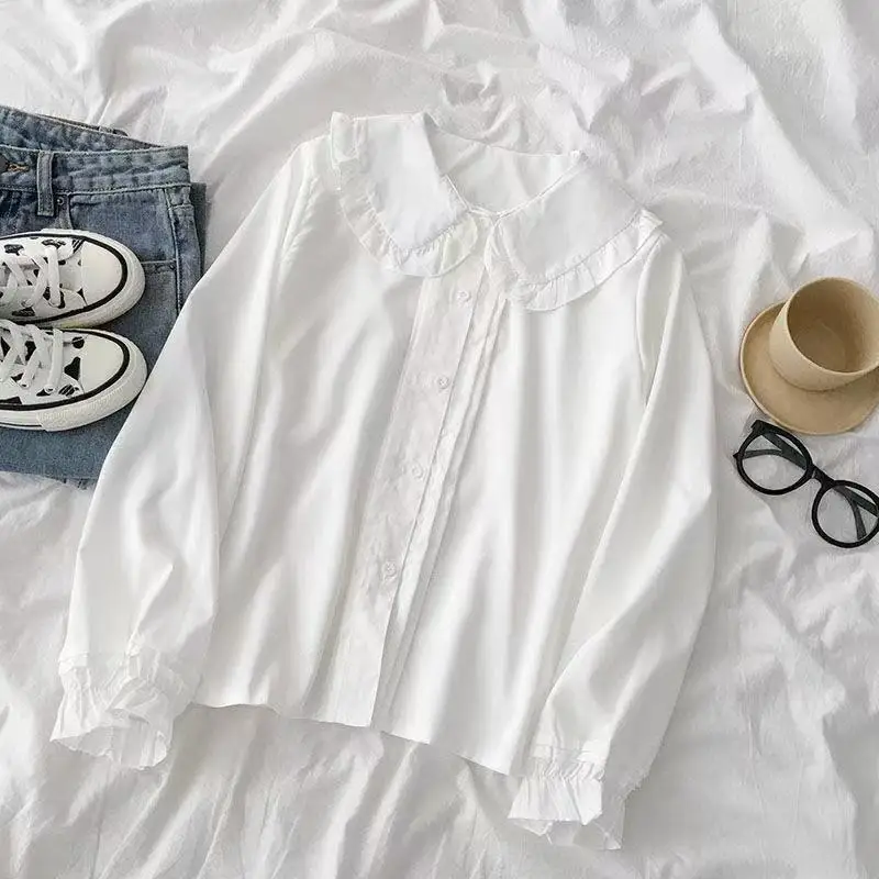 Spring Summer New White Pleated Bottoming Shirt Long Sleeve Doll Neck Solid Sweet Blouse Top Preppy Style Fashion Women Clothing