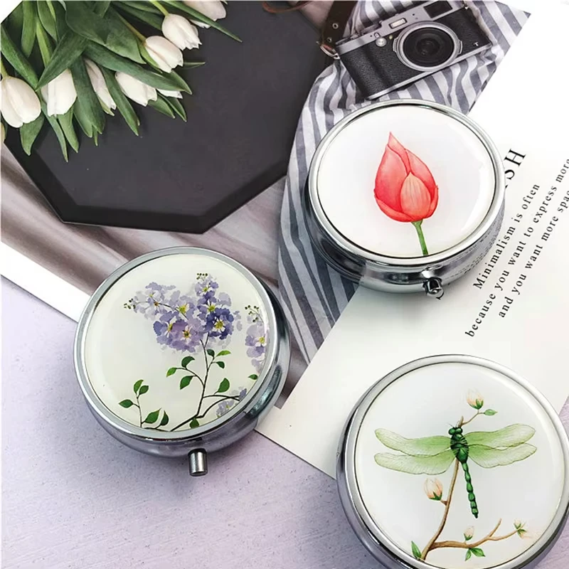 Pattern Box Pill Storage Container Medicine Box Metal Round Flower Print Folding Pill Case Medicine Organizer Pill case