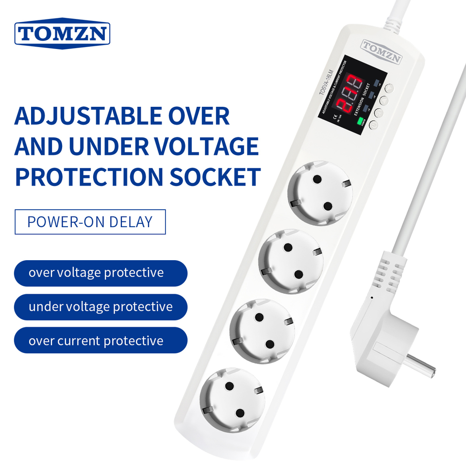 TOMZN TOSVA-16LM 4 AC Outlets Voltage current Protector 220V Adjustable 16A Power Surge Protector EU Plug Socket USB Type-C
