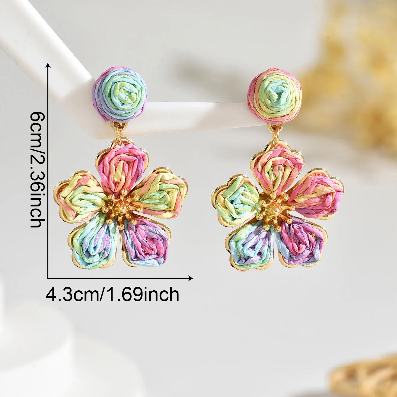 Bohemia Summer Elegant Raffia Flower for Women Girls Multi-color Handmade Sweet Rattan Knit Dangle Earrings Party Jewelry Gift