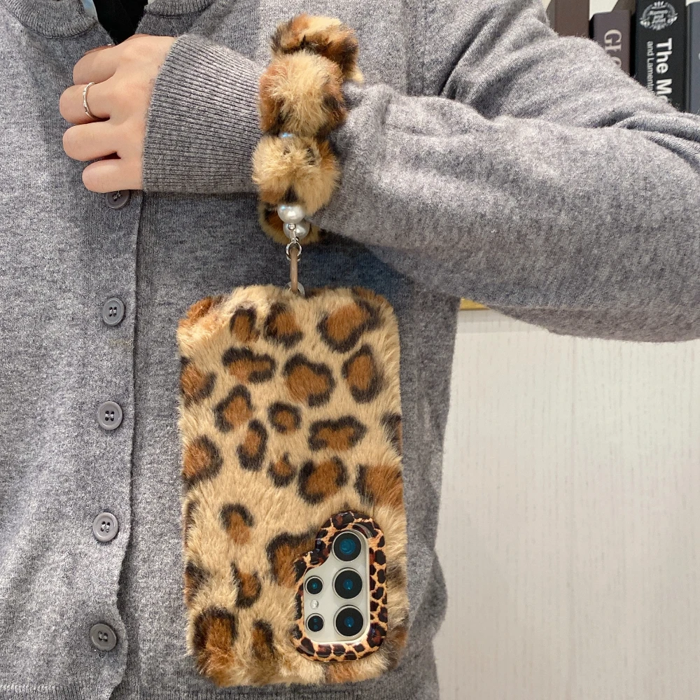 Leopard Print Fuzzy Plush Phone Case with Stand Holder and Lanyard