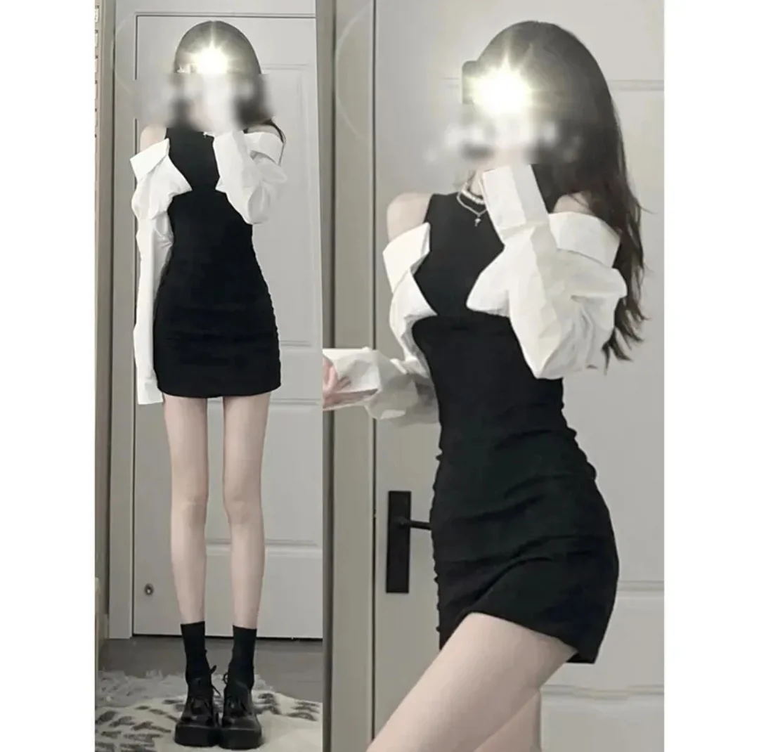 

Женское облегающее платье Y2k, шикарное платье-туника с имитацией двух частей, сексуальное женское платье с открытыми плечами, модные мини-платья, 2023