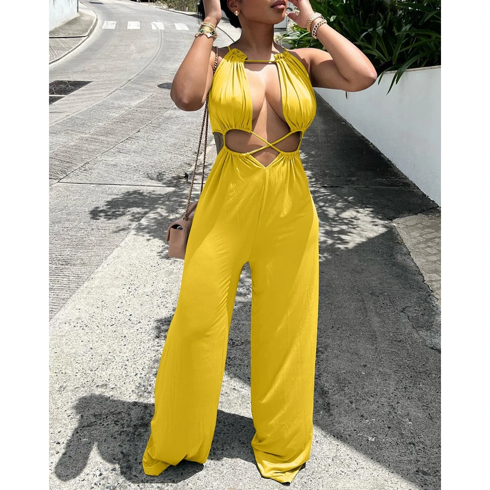 Summer New Style Women Lace-up Cutout Wide Leg Sleeveless Jumpsuits Sexy Lady Asymmetrical Neck One-Piece Jumpsuit Streetwear sexy artifical silk women jumpsuit elegant deep v neck sleeveless pencil pants one piece office lady female overall party romper