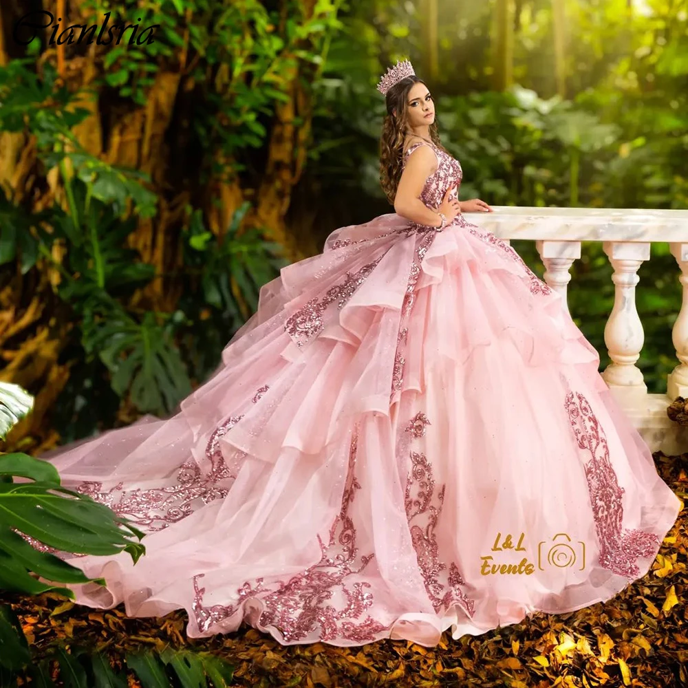 

Pink Off The Shoulder Ball Gown Quinceanera Dresses Sequined Appliques Lace Ruffles Corset Vestidos De 15 Años