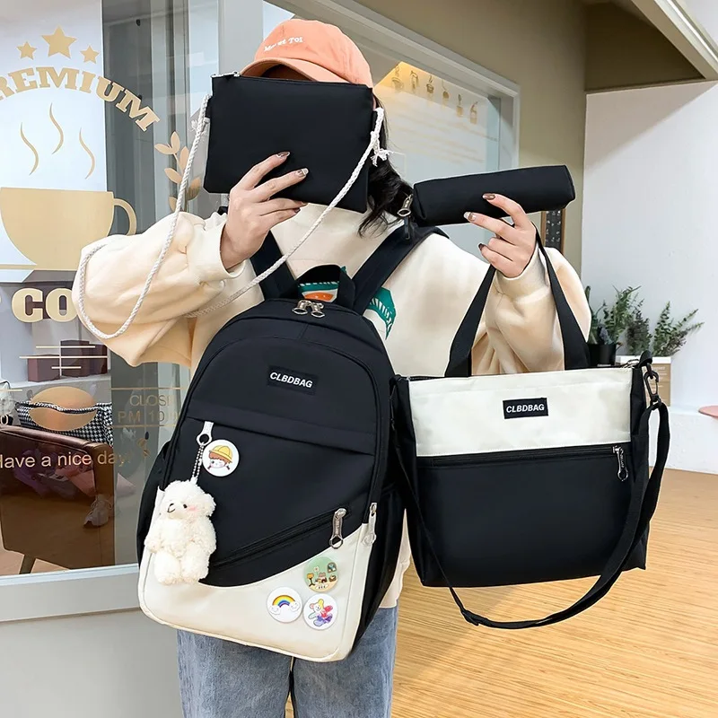 4 Pcs Sets Canvas Schoolbags For Teenager Girls Women Backpack Contrast Color Kawaii Women Laptop Backpack Student Kids Rucksack