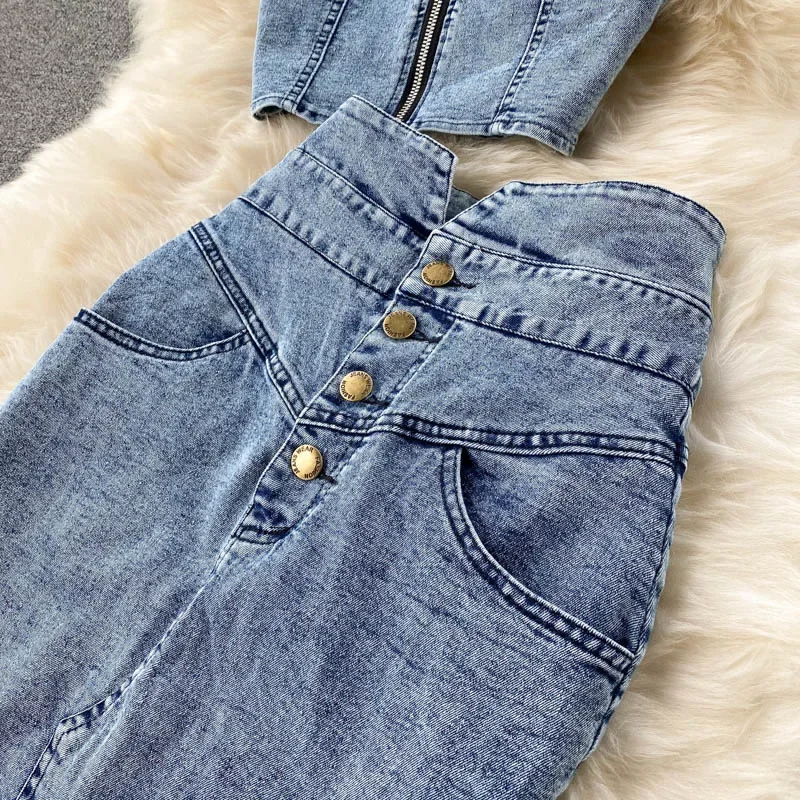Women Denim Sets Sleeveless Strap Crop Top and Long Skirts Suits 2024 Summer Jeans Streetwear Two 2 Piece Sets Outfits