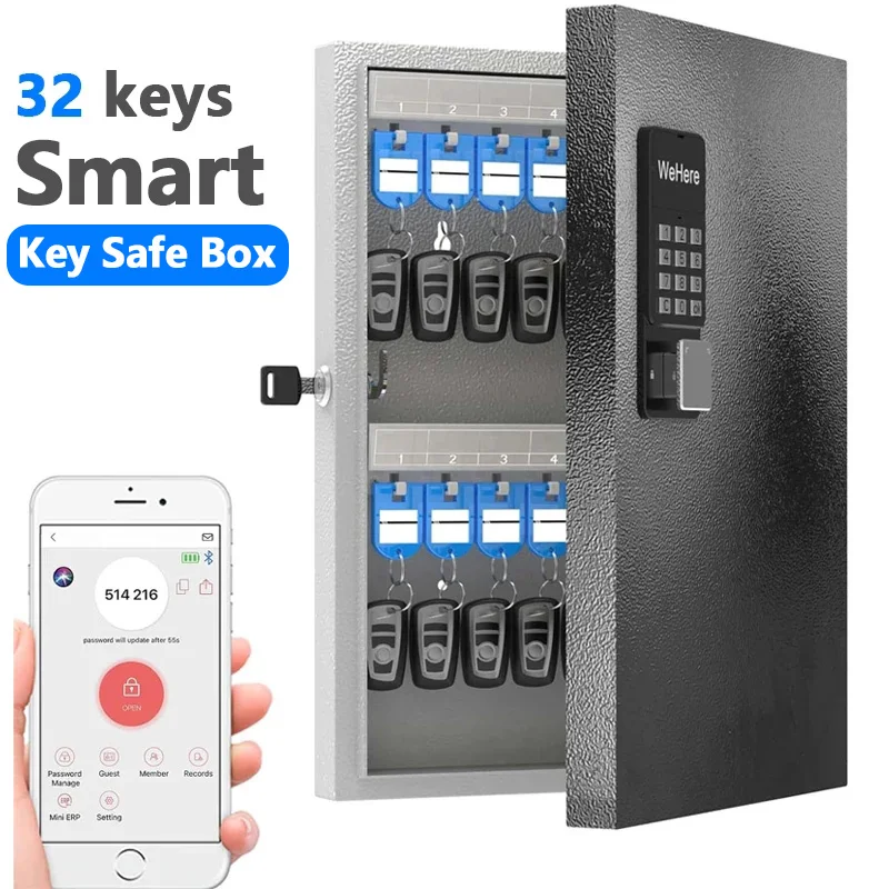 

WeHere 32 Key Safe Box, Intelligent Wall Mounted Key Storage Cabinet,OTP/APP Bluetooth/fixed Code Unlocking Key Management Safe
