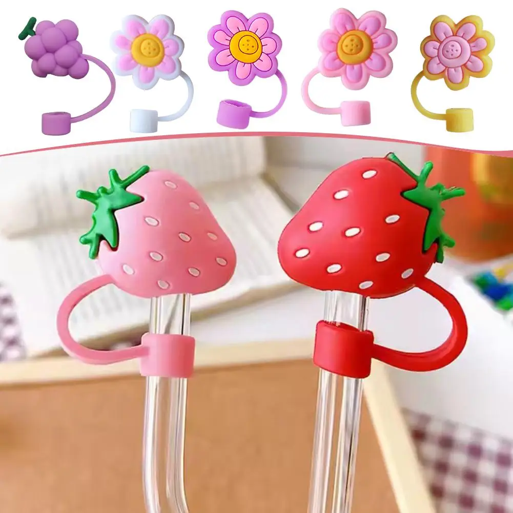 Cute Strawberry Straw Covers For Stanley Tumbler Cups Kawaii Silicone Straw Toppers Dust-Proof Protector Cap For 10mm Straws