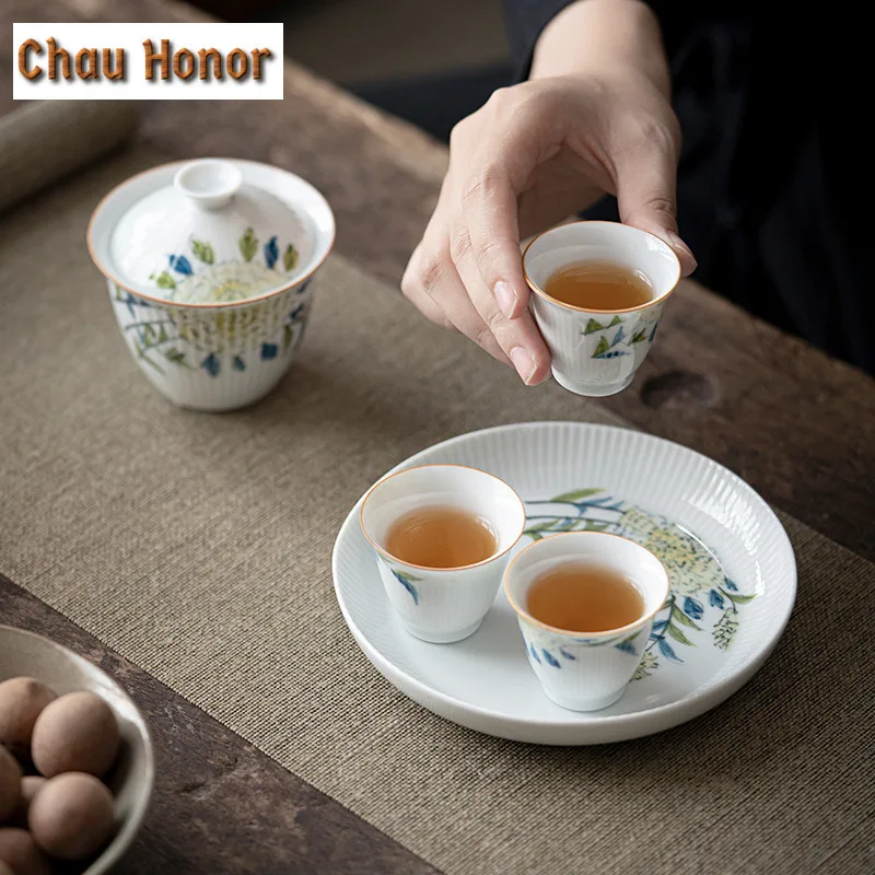 140ml Pure Hand-painted Hydrangea White Porcelain Tea Tureen Vertical Tea Maker Bowl With Lid Household Kung Fu Teaware Ceremony