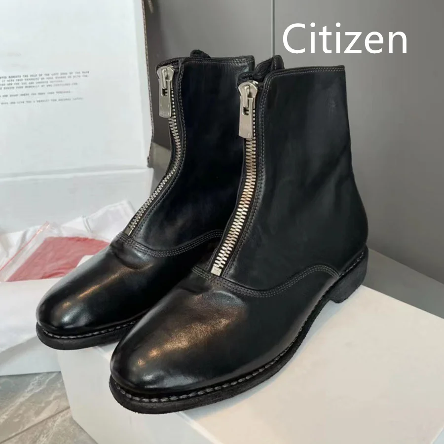 

Women's ankle boot Genuine leather material Front zipper Retro style Round head thick heel non-slip Natural folds
