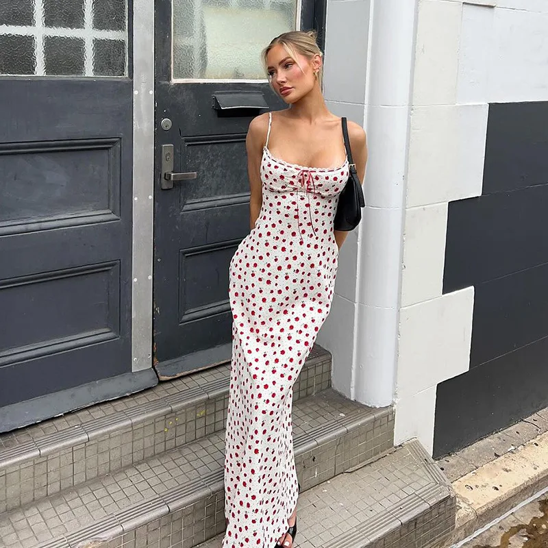 Ruffled Backless Halter Dresses Female Lace Elegant High Waist Spaghetti Patchwork Party Dress Summer Women Maxi Dress New