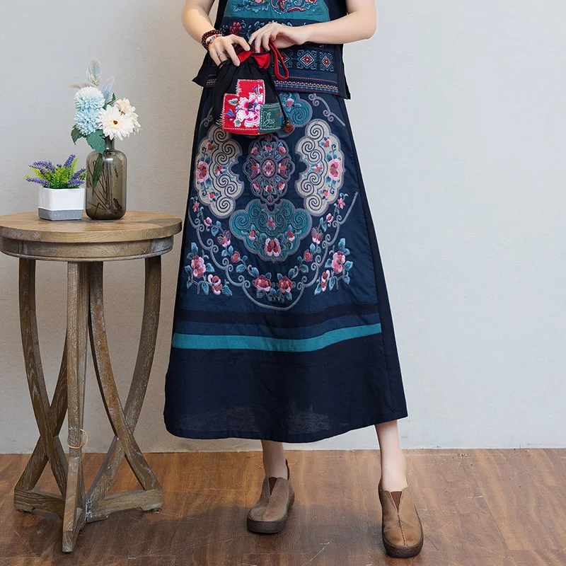 

2023 chinese national style embroidery loose long skirt women vintage embroidery high waist daily casual elegant skirt s733