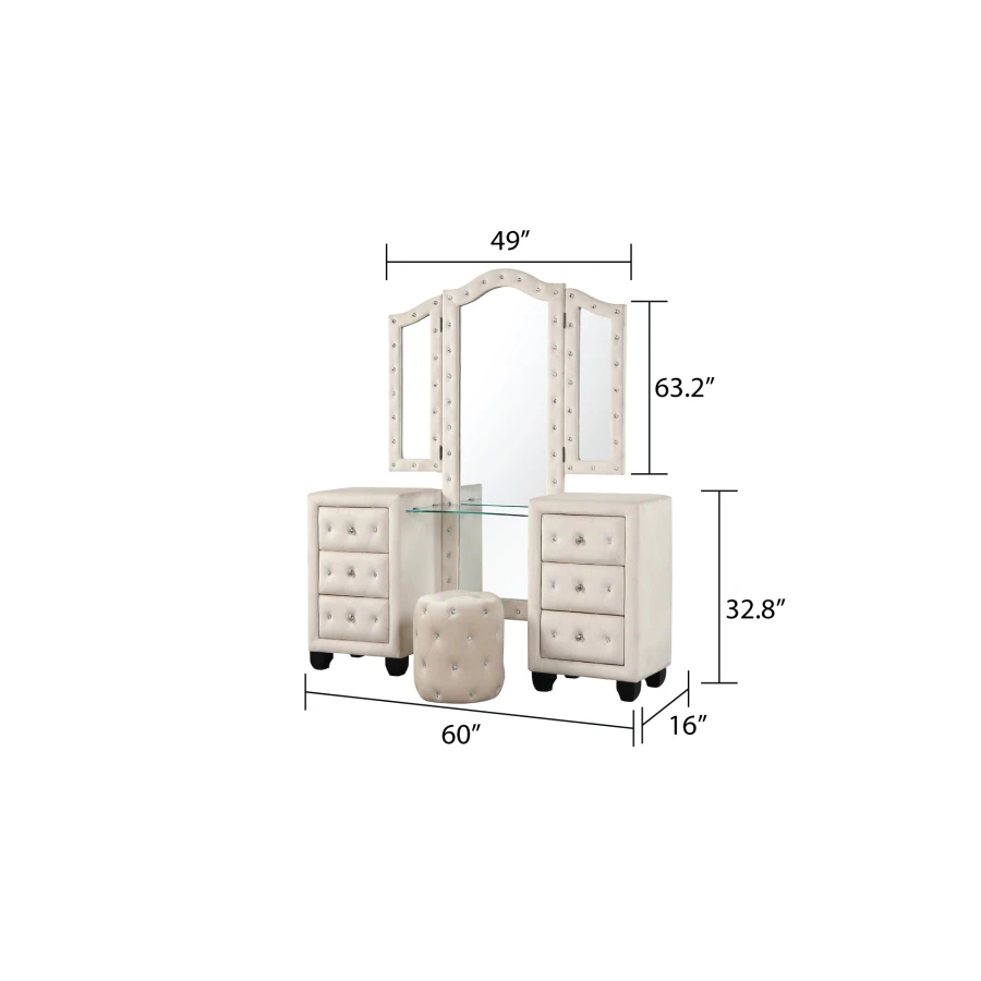Description Picture 2 of itemModern vanity design with a practical mirror,Crystal Tufted Vanity set Made with Wood in Cream,Crafted from wood for long-lastin