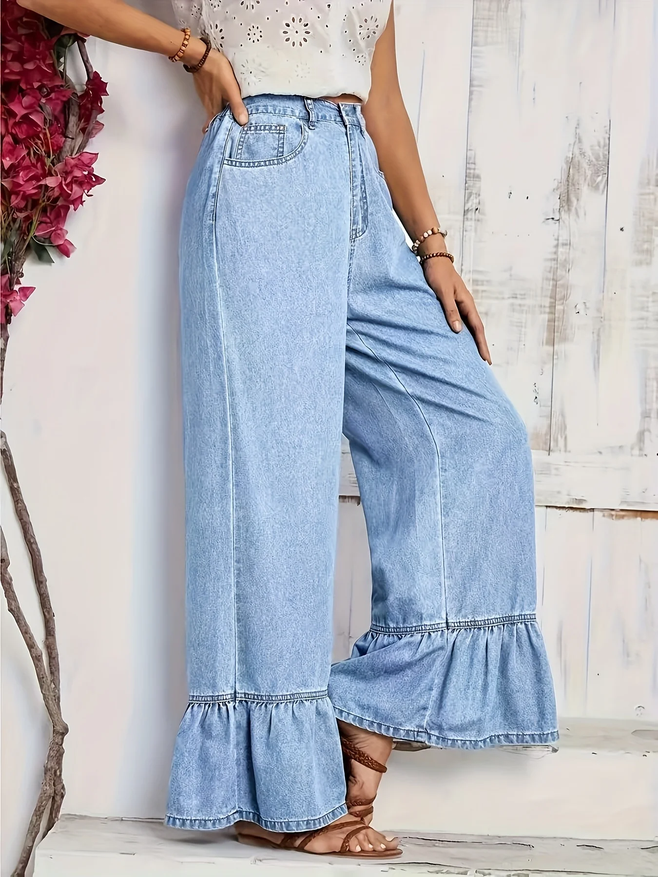 Jean large bleu clair à volants pour femme, taille haute, coupe décontractée, pantalon long