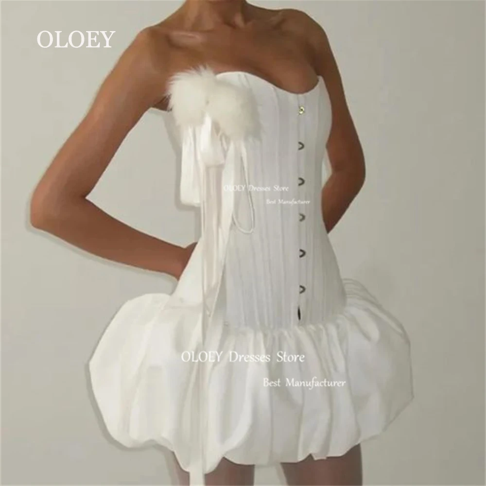 OLOEY Sweethart Ivory Short Cocktail Dress Pleats Satin Sleeveless Wedding Dress Flffuy Feather Ball Wedding Party Custom