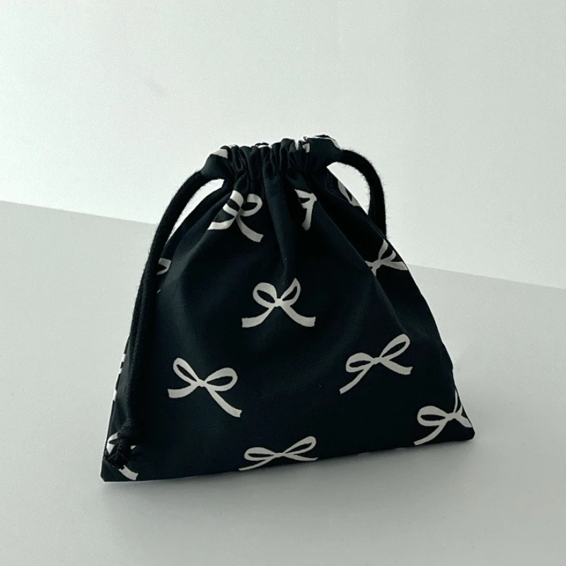 Bow Knot Striped Mini Drawstring Bag Cosmetic Storage Pouch Women Wallet Sweet Kawaii String Mini Pouch Girl's Storage Mini Bag