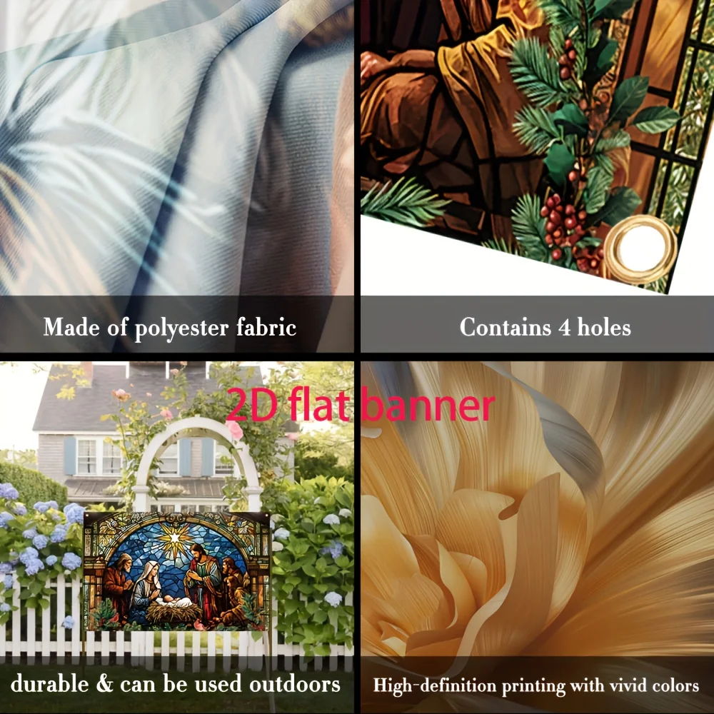2D flacher 1-teiliger Weihnachts-Polyester-Hintergrundstoff, verziert mit bemalten Krippe-Glasmustern, geeignet für Weihnachten – Detail 8