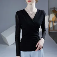 Autumn Winter 2024 New Cross V-Neck Long Sleeved Women's T-Shirt Solid Color Fold Elastic Mesh Tops Blusas 5
