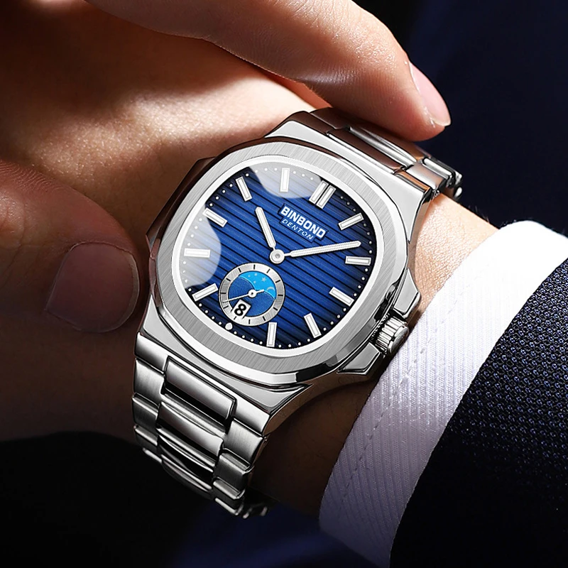 

Fashion Square Blue Quartz Watch Luxury Business Mens Wristwatches Steel Strap Luminous Simple Waterproof Sport Calendar Clock
