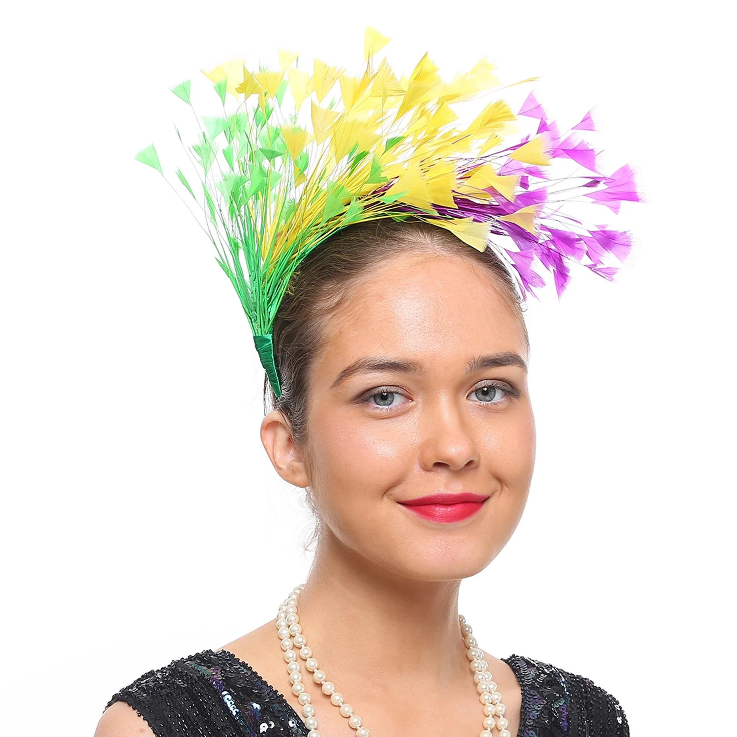 Sibba 3 fascinatori da donna con piume e velo, cappello rete, guanti pizzo, collana girocollo perle, accessori capelli feste, chiesa, matrimoni, nero, taglia unica