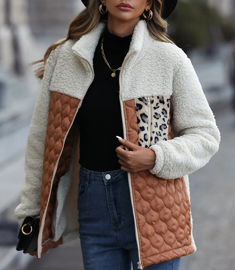 

Cardigan Coat Women 2023 Autumn and Winter New Fashion Long Sleeve Polo Collar Panel Zipper Animal Pattern Double Sided Overcoat
