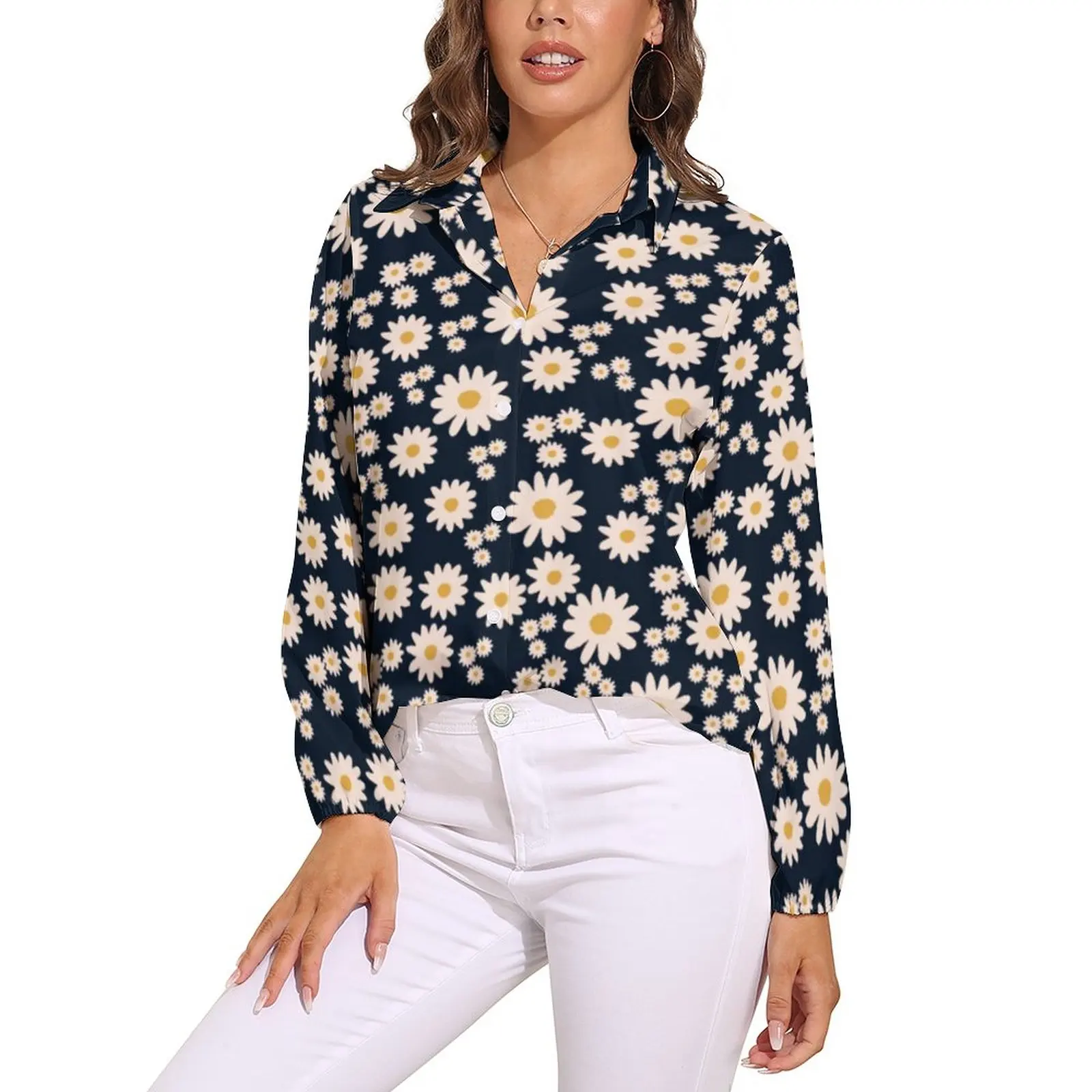 

White Daisy Blouse Cute Floral Print Aesthetic Custom Blouses Woman Street Style Shirt Spring Long-Sleeve Oversized Top