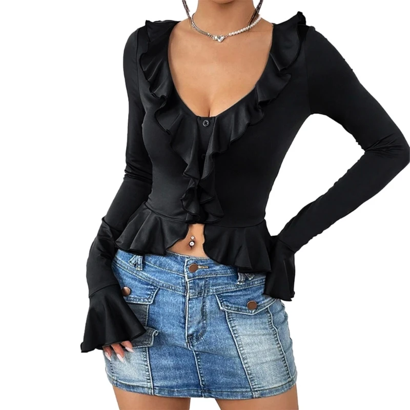 

Women Long Sleeve Deep V Neck Blouse Crop Tops Sexy Fitted T-shirt Ruffle Peplum Tops Fall Shirt Y2K Streetwear