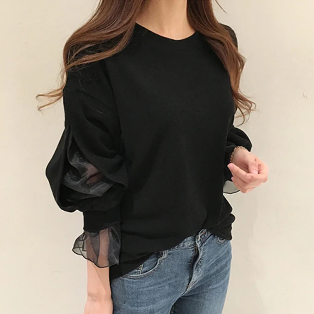 2023 Spring Women Casual Hoodie Mesh Patchwork Chic Black Hoodie Streetwear Female Long Sleeve Thick Sweatshirt Fashion Korean