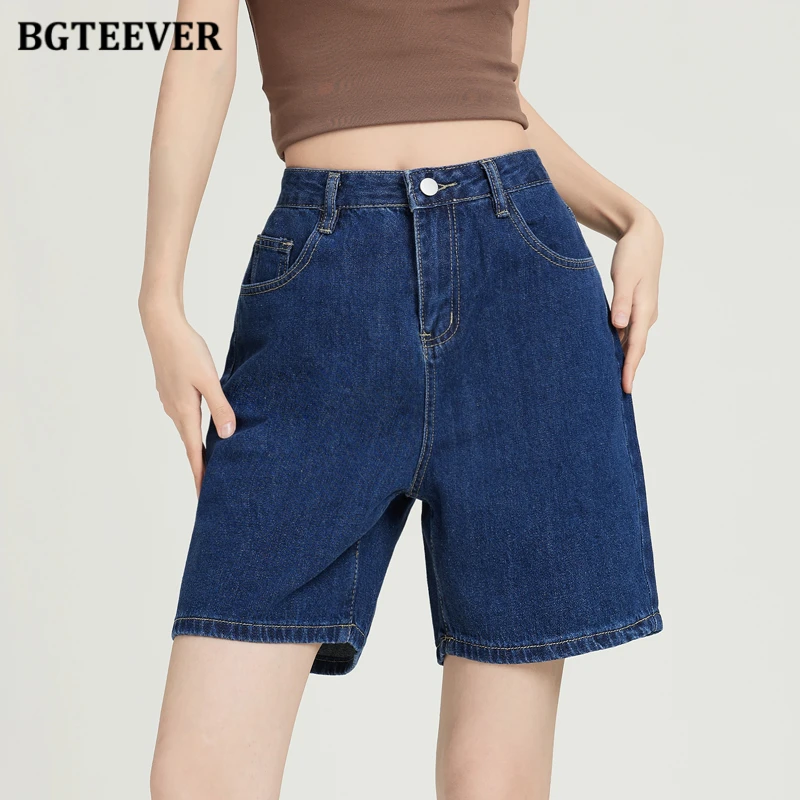 

BGTEEVER Casual Loose Straight Denim Shorts for Women High Waist Pockets Wide Leg Ladies Jeans Shorts Summer