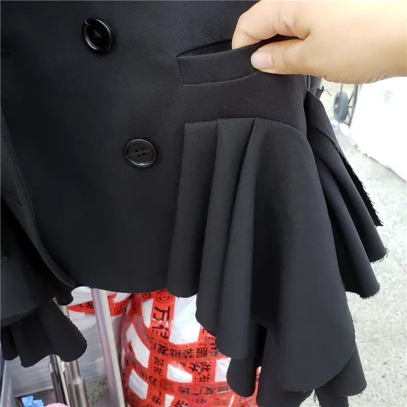 Women Spring Summer Irregular Layered Ruffles Vest Jacket OL Black Pleated Blazers Cardigan Ruched Waistcoat Outerwear Crop Tops