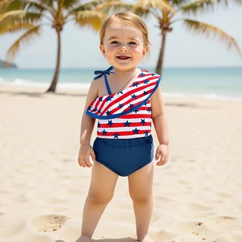 Girls Patriotic Star and Stripe Print Ruffled Tankini Set with Solid Shorts for 4th of July Celebrations - 2-Piece Swimwear 2