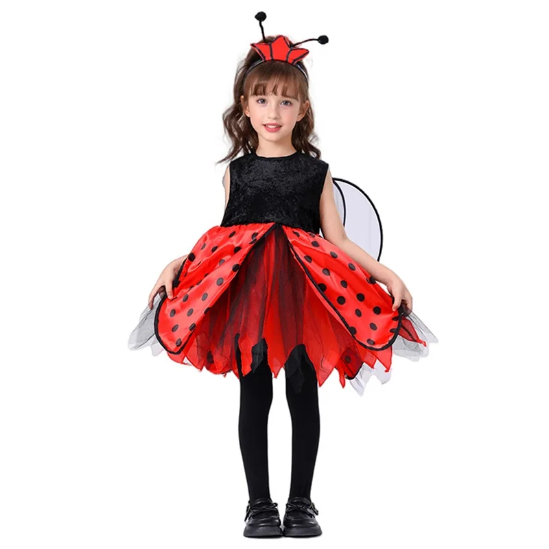Cosplay Costume Kids Girls Dress Halloween Dress Outfit Animal Tutu Skirt Outfit 2025 Animal Costume for Girls Sleeveless Round Neck Dress + Wing + Headband Bee Ladybug Outfit 4T-10T