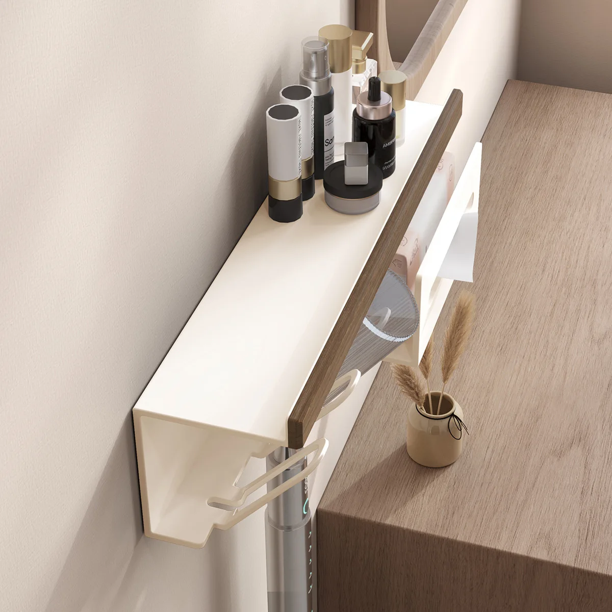 Cream Walnut Bathroom Shelf Toothbrush Tooth Cup Holder Wall Mounted Toothbrush Holder Multifunctional Paper Towel