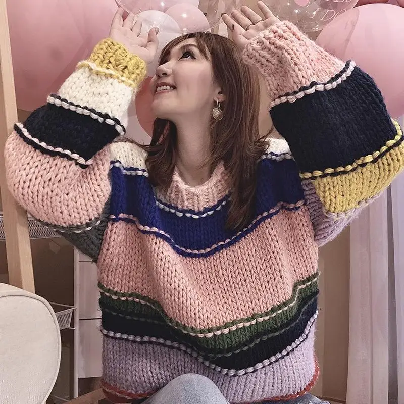 

Casual Color Contrast Design Knitted Pullover Women's Round Neck Long Sleeve Loose Sweater Girls Fshion Clothes 2024 New