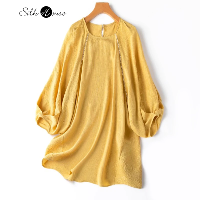 

High End Light Luxury 100% Natural Mulberry Silk Texture Feeling Corona Crepe Bubble Sleeves Loose Beaded Women's T-shirt