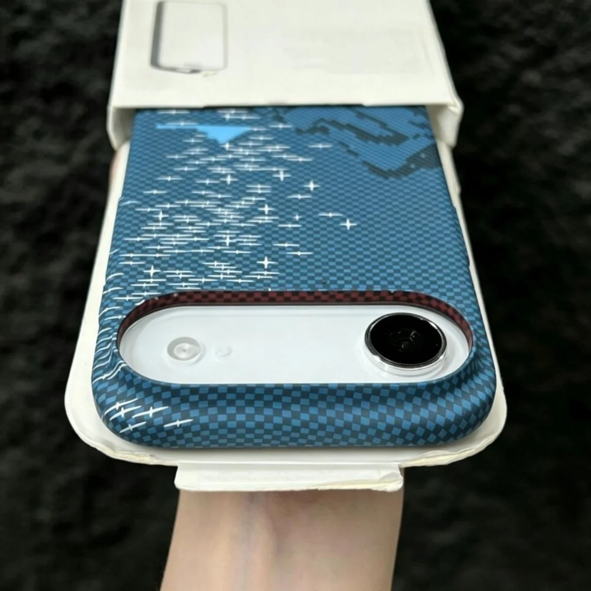 Luxury Carbon Fiber Kevlar Texture Phone Case with Mountain Island Starry Sky Design