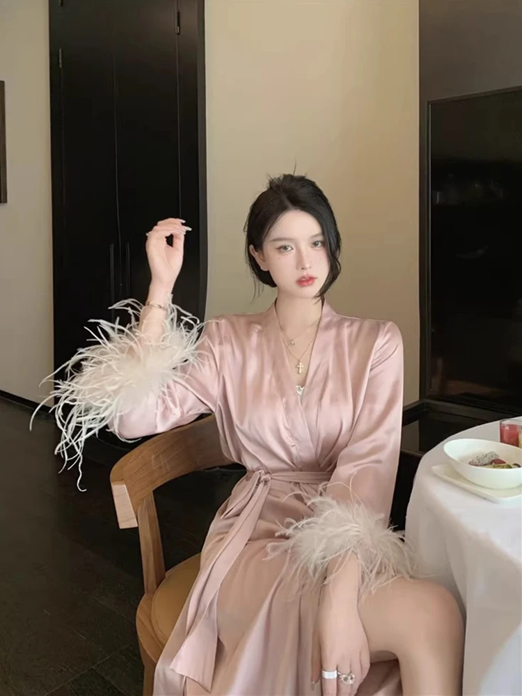 

ReddaChic Pink Silk Ostrich Feather Trim Bath Robe Women Long Sleeves Bandage Midi Long Wedding Bride Bridesmaid Robe Pajama