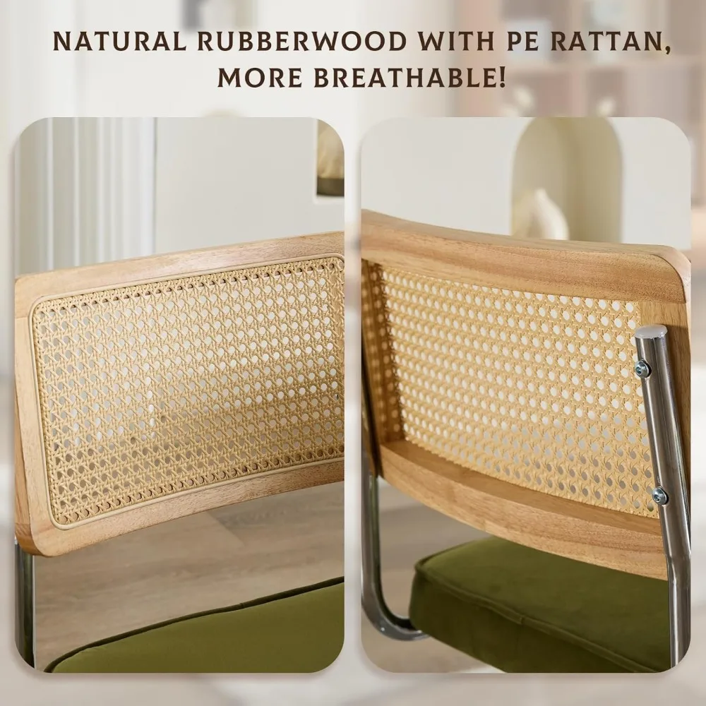 Rattan Dining Chairs Set of 4,Upholstered Mid-Century Modern Dining Room Chairs with Cane Backrest,Retro Velvet Kitchen Chairs 5