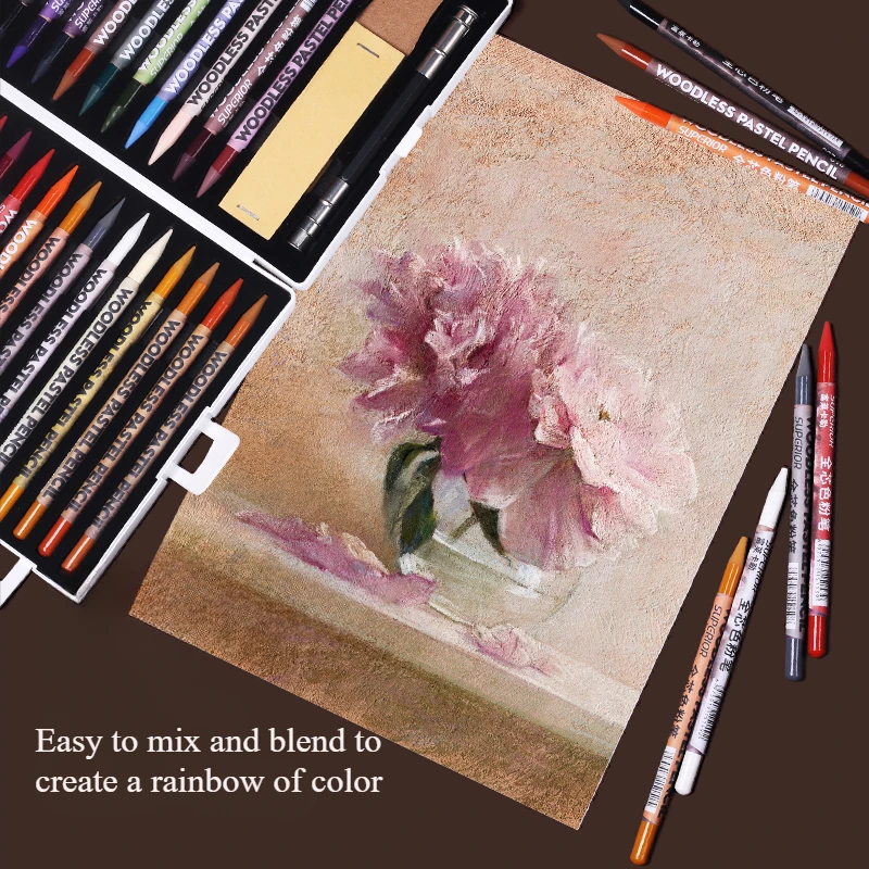 Woodless Pastel Pencils 24 Colors 7mm Core Artist Grade Chalk Charcoal Pencil Great Blending and Layering Sketching in Case 3