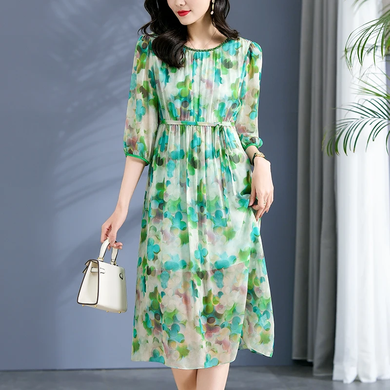 

100% Real Silk Women's Green Dress A-line 2024 Summer Elegant Fashion Dresses For Women Floral Printed Woman Long Midi Dress