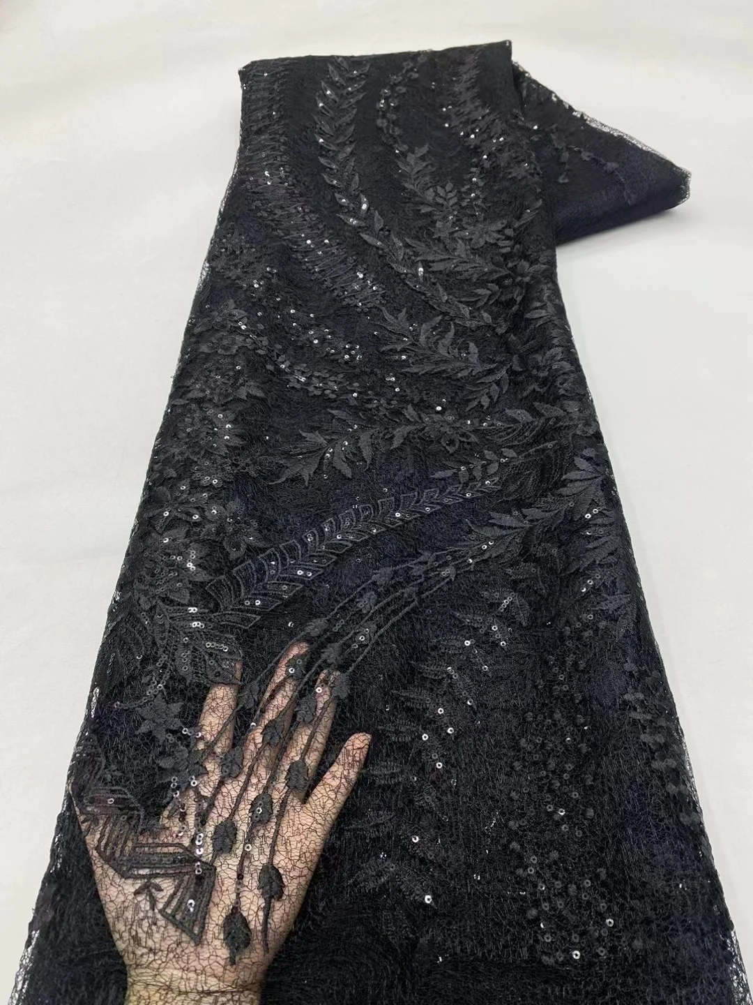 

Новейшие черные блестки, африканская кружевная ткань 2024, Высококачественная французская нигерийская кружевная ткань для женского свадебного платья KXX24124