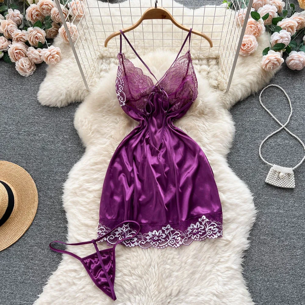 Women Night Dress Sleeveless Backless Porno Pajamas Floral Lace Erotic Nightwears+Thongs Satin Sexy Short Transparent Dresses