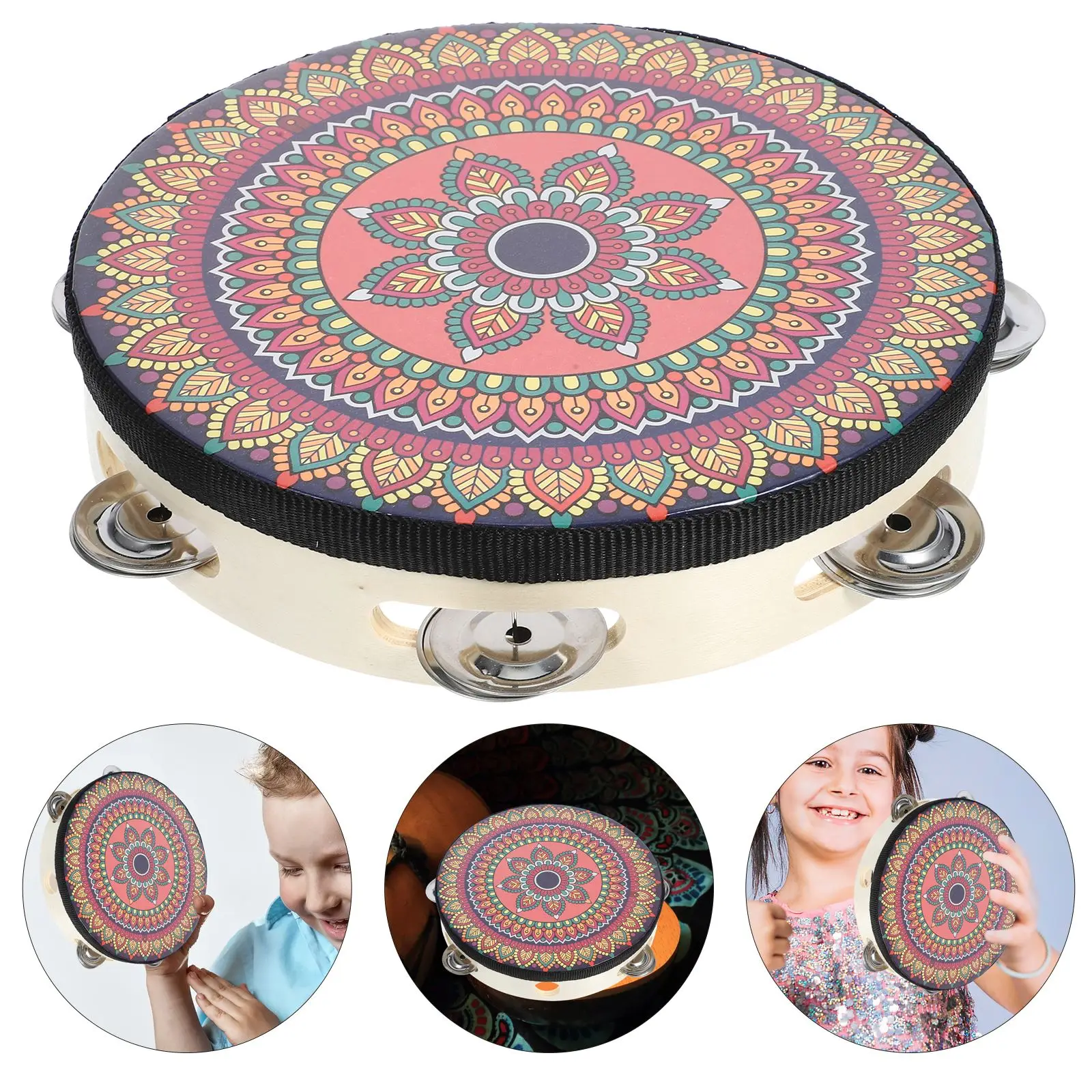 8 Inch Tambourine Handbell Hand Drum Colourful Wooden Tambourine For Dance Concerts Percussion Instrument for Kids Game