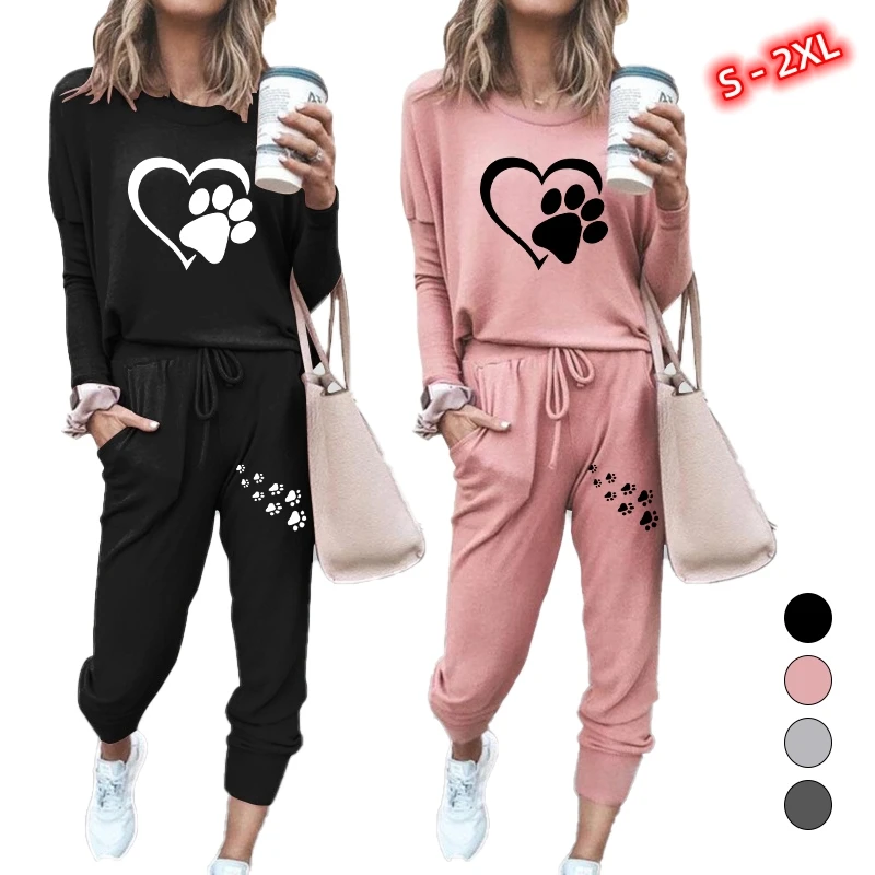 2023 New Spring and Autumn Cat Paw Printed Women's Suit Fashion Daily Home Wear Woman Round Neck Sweatsuit + Pants 2pcs Sets new autumn winter tracksuits men women custom your logo hoodie pants jogging suit 2pcs casual pullover sportswear