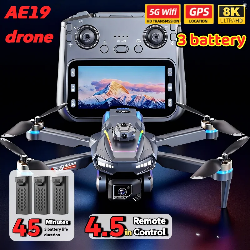 AE19 Drone GPS 4,3" LCD 8K/4K Doppia fotocamera 360 ° Evitamento ostacoli 3 opzioni batteria Quadricottero RC professionale per regali da viaggio