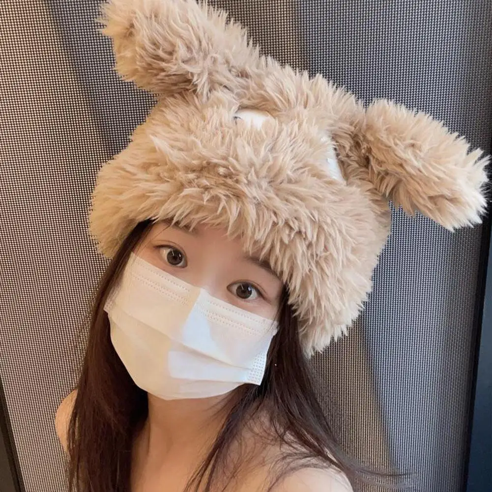 귀엽고 큰 눈 강아지 봉제 모자, 두껍고 따뜻한 모자, 풀오버 귀 보호, 부드럽고 편안한 비니 모자, 겨울 신상