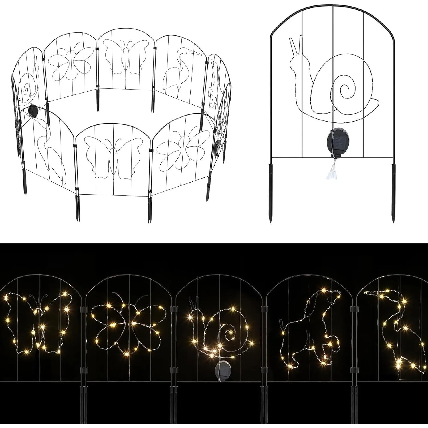10 Pack Solar LED Garden Fence - 10.5ftx22in Rustproof Pet Barrier w/Ground Stakes, No-Dig Metal Edging for Yard/Patio (Black)