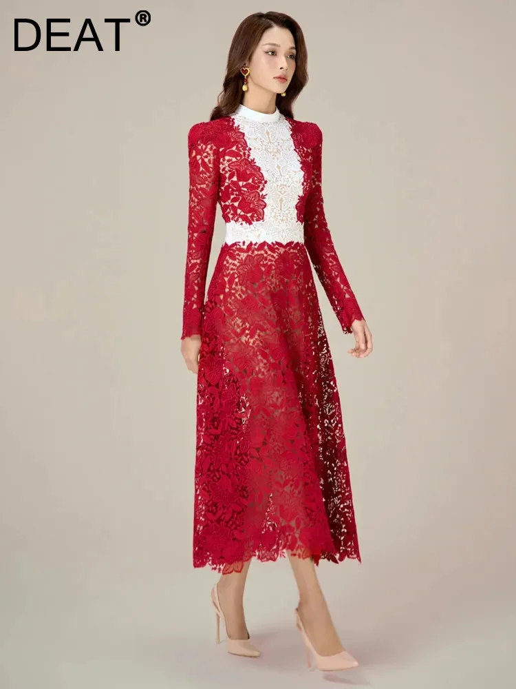 DEAT-Elegant-Dress-Embroidery-O-neck-Contrast-Color-Hollow-Out-Slim ...