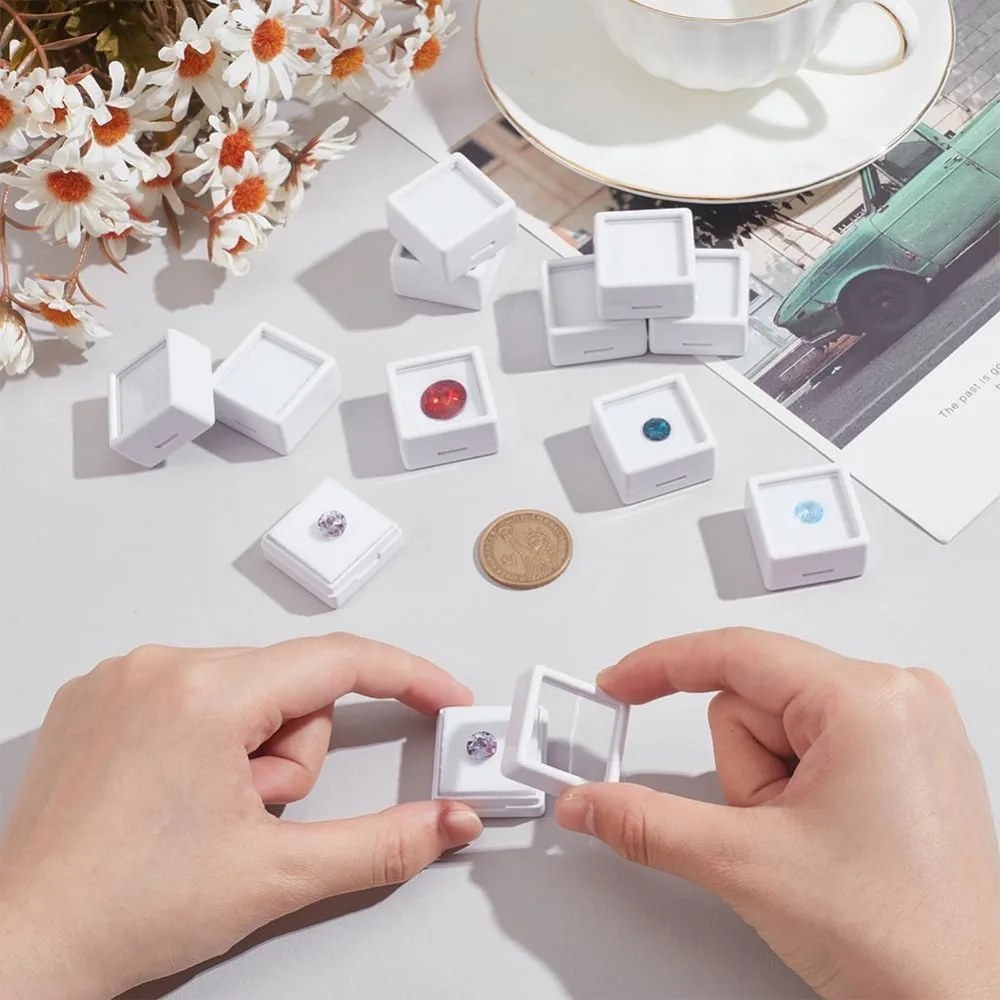 Gemstone Display Boxes White Plastic Square Jewelry Display Lids and Sponge for Bare Stone Naked Diamond 12 Pcs 1.2x1.2x0.6 Inch