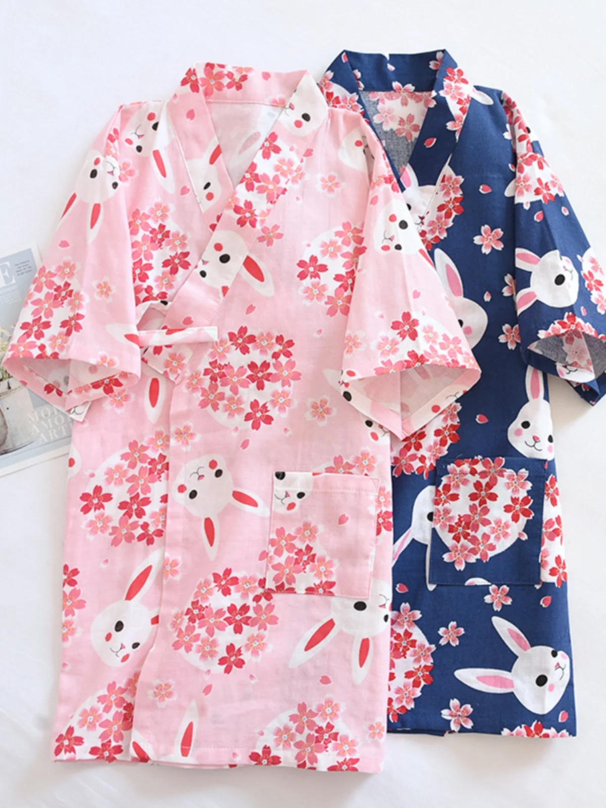 Girls Cotton Kimono Style Bathrobe Double Layered Pure Cotton Summer Spring Seasonal Children's Sleepwear Steam Sauna Suit - 2